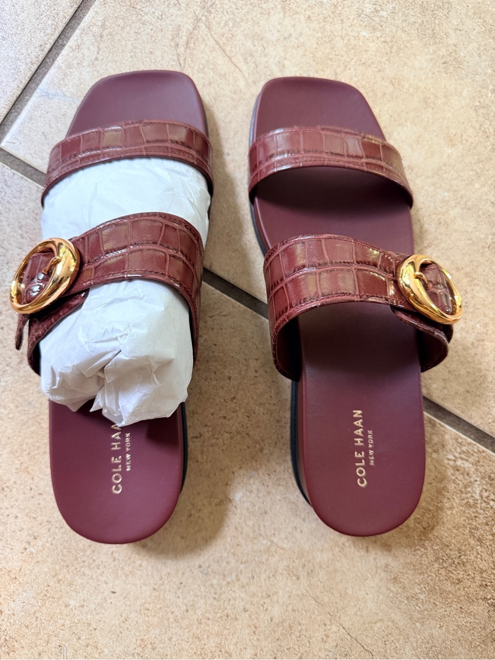 Cole Haan Wine Croc-Embossed Slide Sandals with Gold Buckle Detail